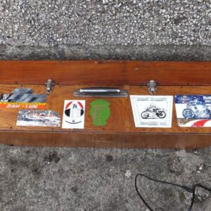 For Sale Vintage Wooden Tool Box Storage Chest with Rare IOM Motorcycle & Archery Stickers 12 images signs